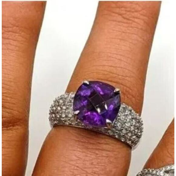 925 Sterling Silver KJC Amethyst and Rhinestone Women's Ring Size 7 Cocktail - Picture 1 of 7